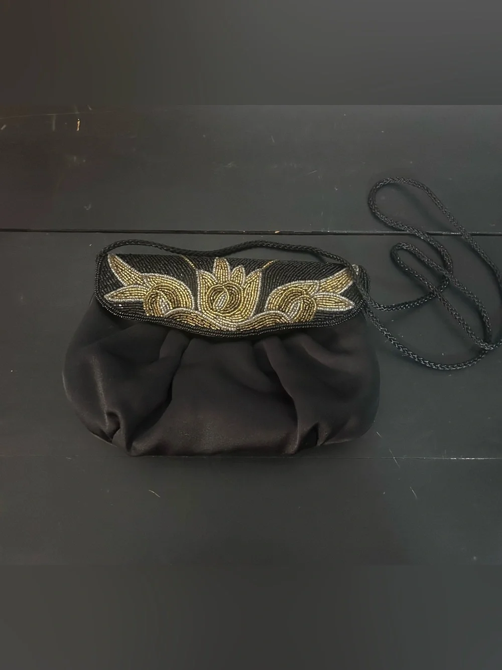Vintage Black Satin Beaded Evening Clutch Floral Gold Silver Shoulder Purse